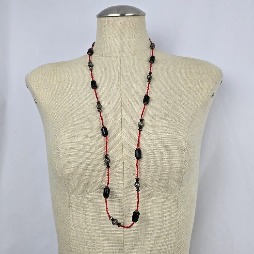 Red & Black Beaded Handmade Long Necklace